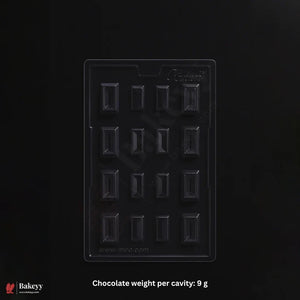 A black plastic chocolate mold with 16 rectangular cavities, shown on a black background with text indicating 'Chocolate weight per cavity: 9 g' and a Bakeyy logo in the bottom left.