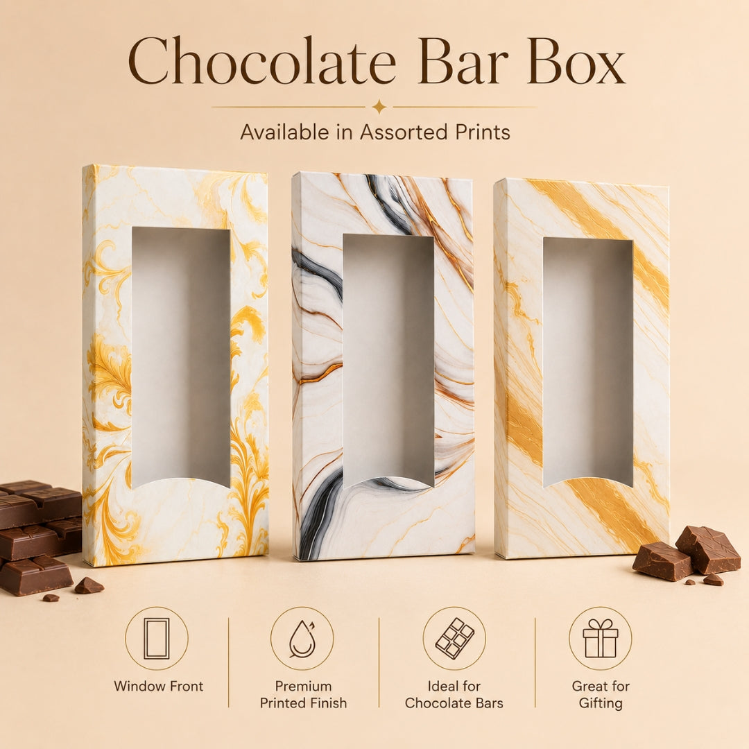 Three marble-patterned chocolate bar boxes on a beige background with text and icons indicating features.