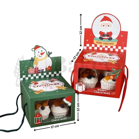 Two Christmas-themed gift boxes with Santa Claus and snowman designs, featuring measurements.