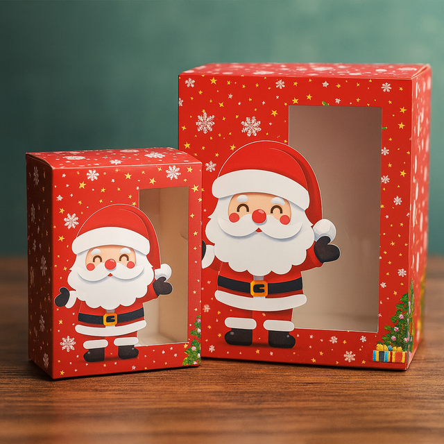 Two red gift boxes with Santa Claus designs on a wooden surface.