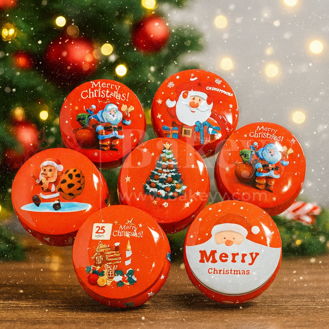 Set of Christmas-themed decorative buttons with Santa Claus and Christmas trees on a wooden surface.
