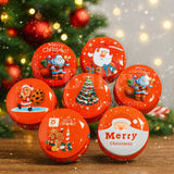 Set of Christmas-themed decorative buttons with Santa Claus and Christmas trees on a wooden surface.