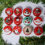 Set of Christmas-themed tins with Santa Claus, snowmen, and trees on a white background.