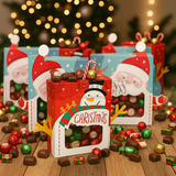 Christmas-themed candy box with assorted candies on a festive background