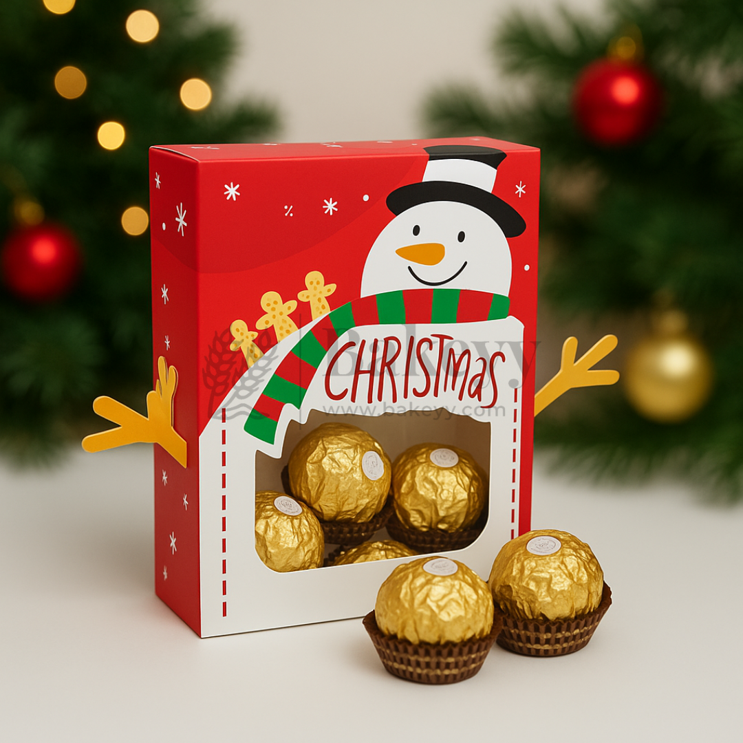 Christmas-themed chocolate box with gold chocolates and a snowman design, set against a festive background.