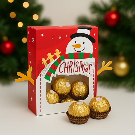 Christmas-themed chocolate box with gold chocolates and a snowman design, set against a festive background.