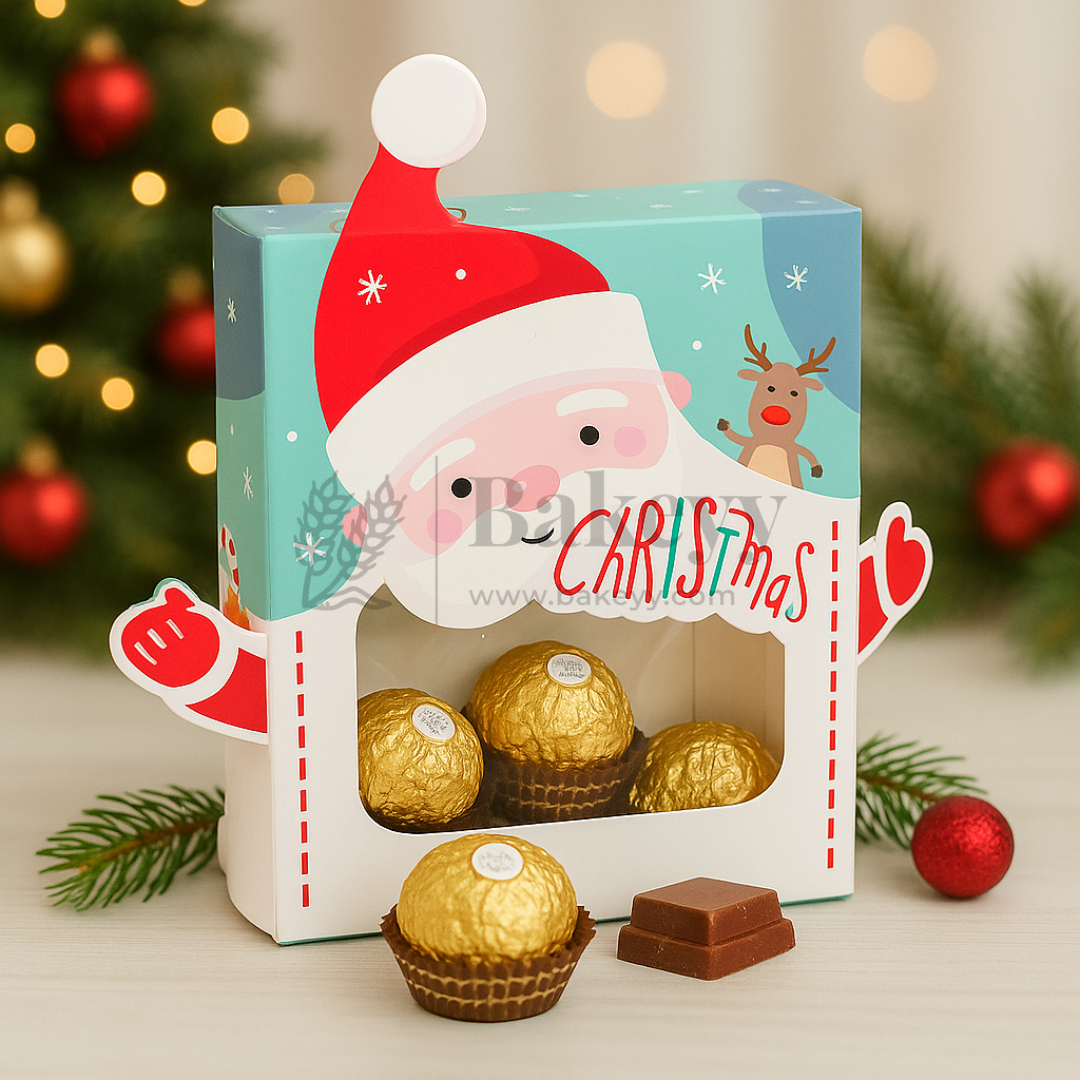 Christmas-themed chocolate gift set with Santa Claus design on a festive background