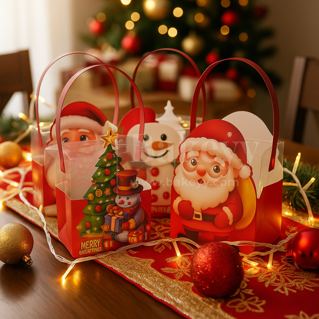 Two Christmas-themed gift boxes with Santa Claus and snowman designs on a festive table.