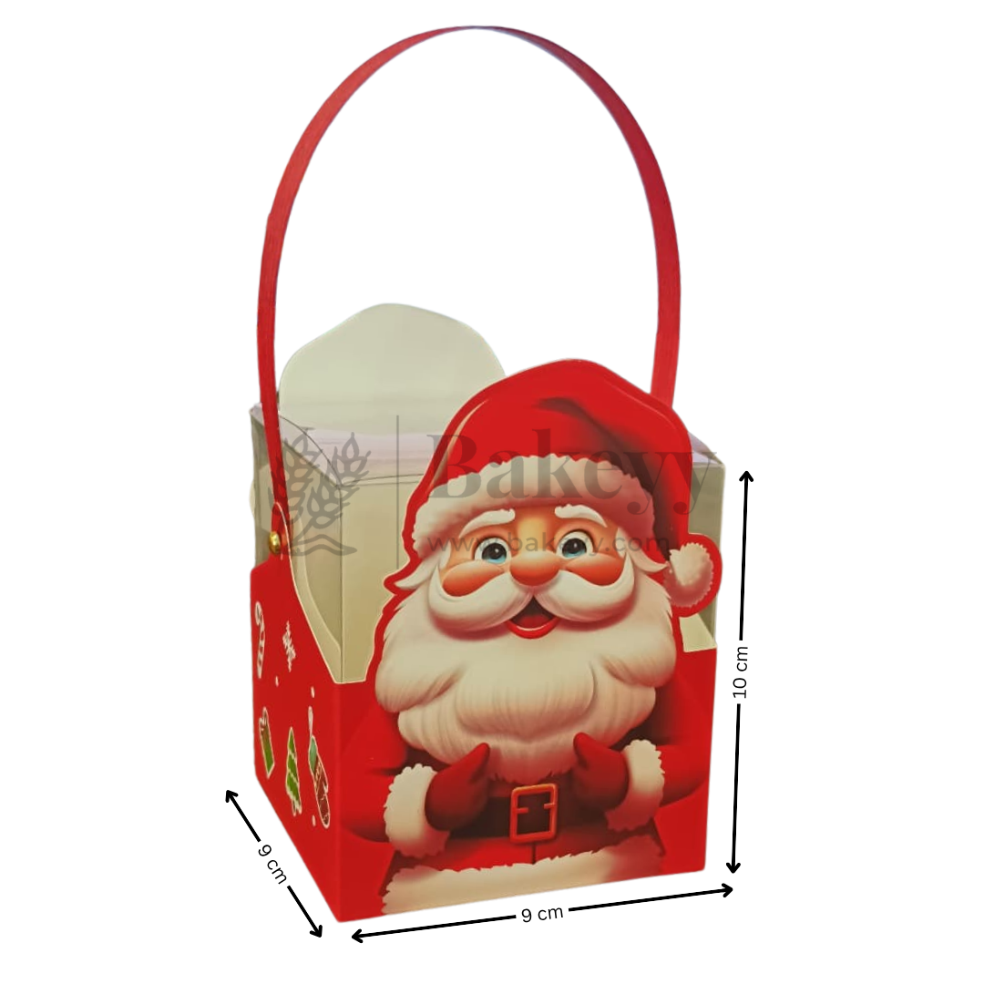 Red gift bag with Santa Claus design and dimensions on a white background