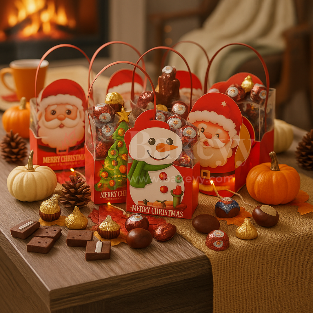 Christmas-themed candy packages with Santa Claus and snowman designs on a table with decorative items.