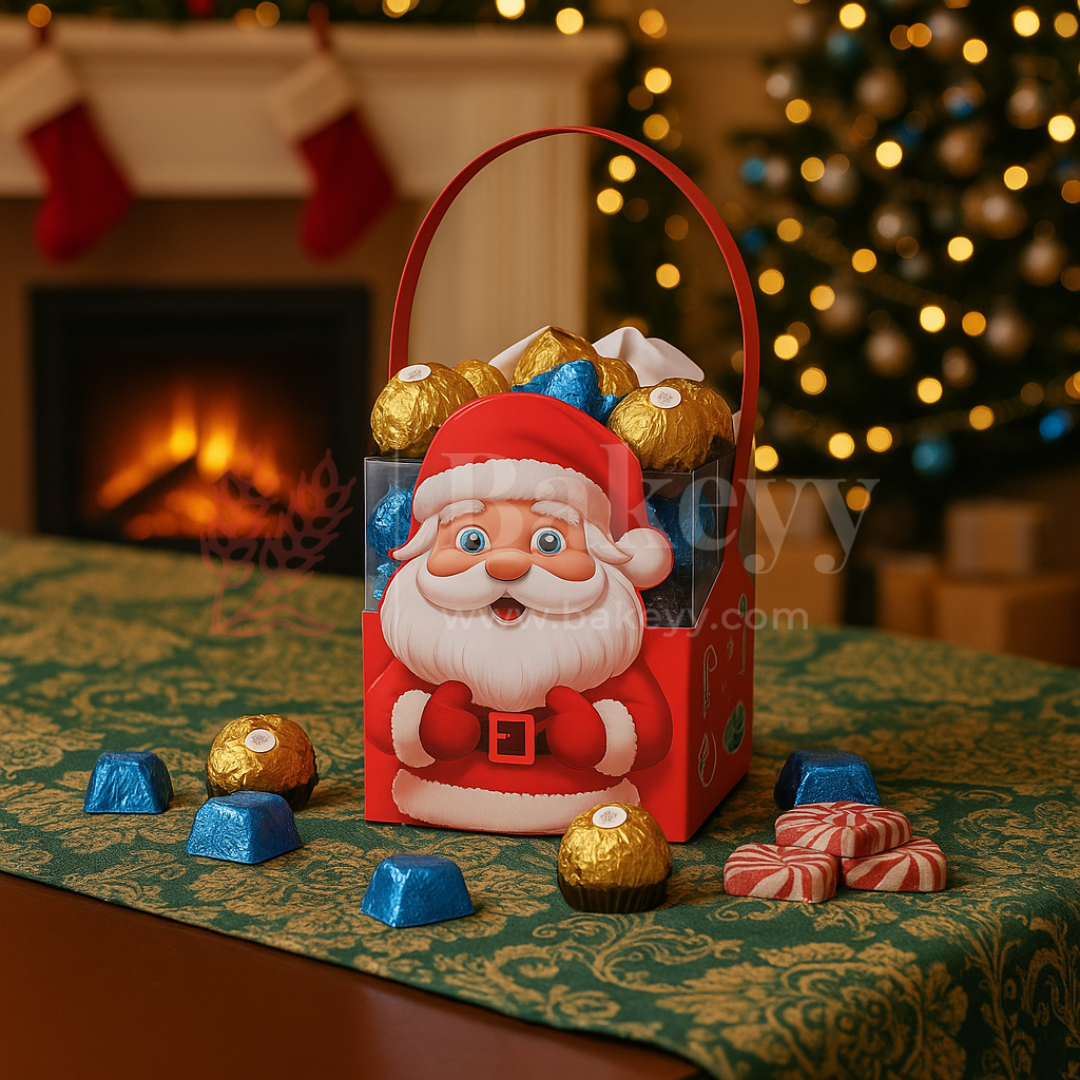 Santa Claus chocolate box with Ferrero Rocher chocolates on a festive background with a fireplace and Christmas tree.