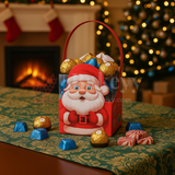 Santa Claus chocolate box with Ferrero Rocher chocolates on a festive background with a fireplace and Christmas tree.