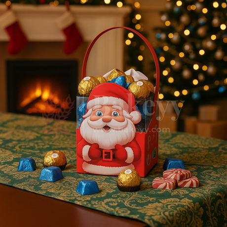 Santa Claus chocolate box with Ferrero Rocher chocolates on a festive background with a fireplace and Christmas tree.