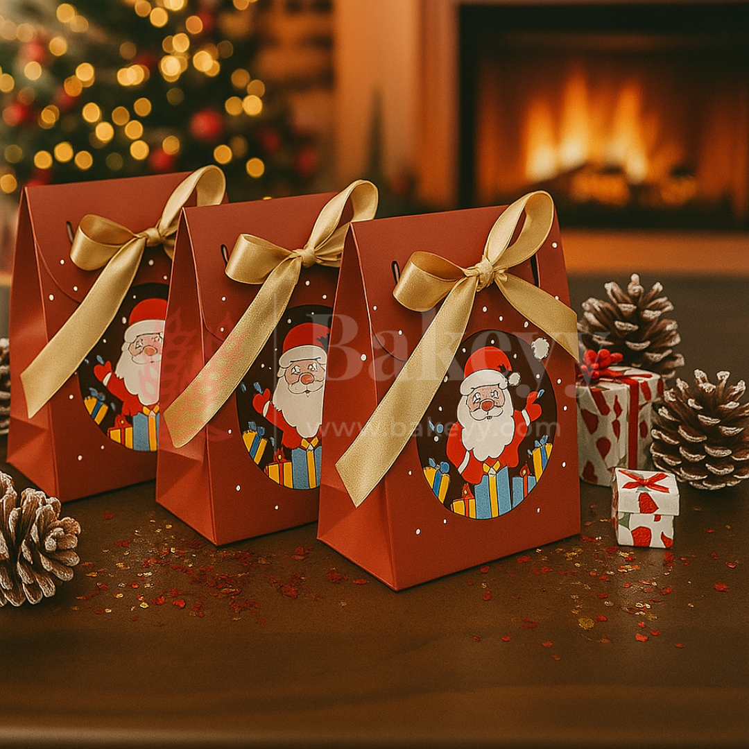 Three red gift boxes with Santa Claus designs and gold ribbons on a festive background with a Christmas tree and fireplace.