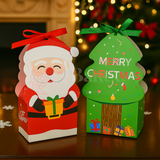 Two Christmas-themed gift boxes, one shaped like Santa Claus and the other like a Christmas tree, on a festive background.