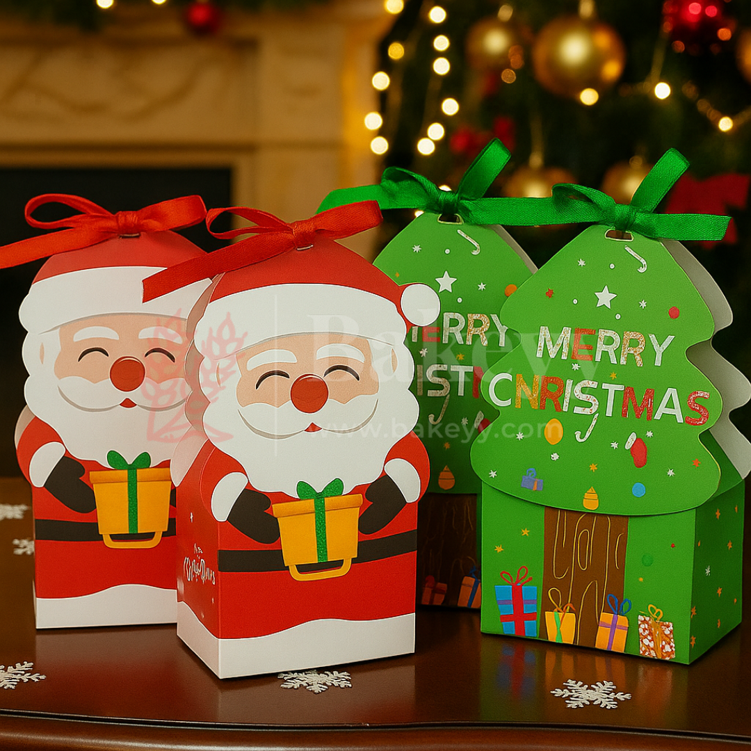 Christmas-themed gift boxes with Santa Claus design and 'Merry Christmas' tree box.