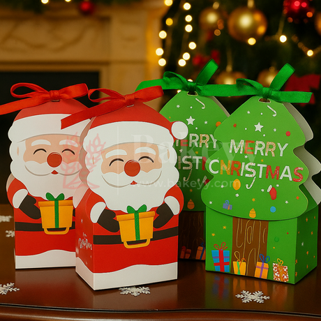 Christmas-themed gift boxes with Santa Claus design and 'Merry Christmas' tree box.
