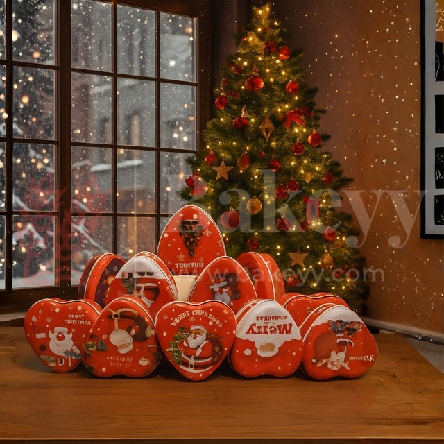 Red heart-shaped Christmas gift boxes with Santa Claus design on a wooden table in front of a decorated Christmas tree.