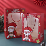 Two red Christmas gift bags with Santa Claus and reindeer design on a red background.