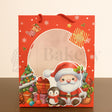 Red gift bag with Santa Claus and Christmas elements on a beige background