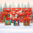 Collection of Christmas-themed gift boxes with Santa Claus and winter scenes on a snowy background.