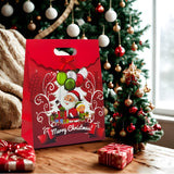 Red Christmas gift bag with Santa Claus design in front of a decorated tree