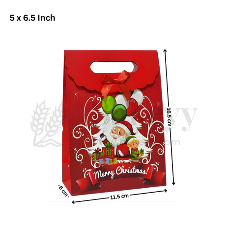 Red Christmas gift bag with Santa Claus design and dimensions on a white background