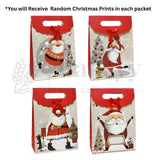Four Christmas-themed gift bags with Santa Claus designs on a white background.