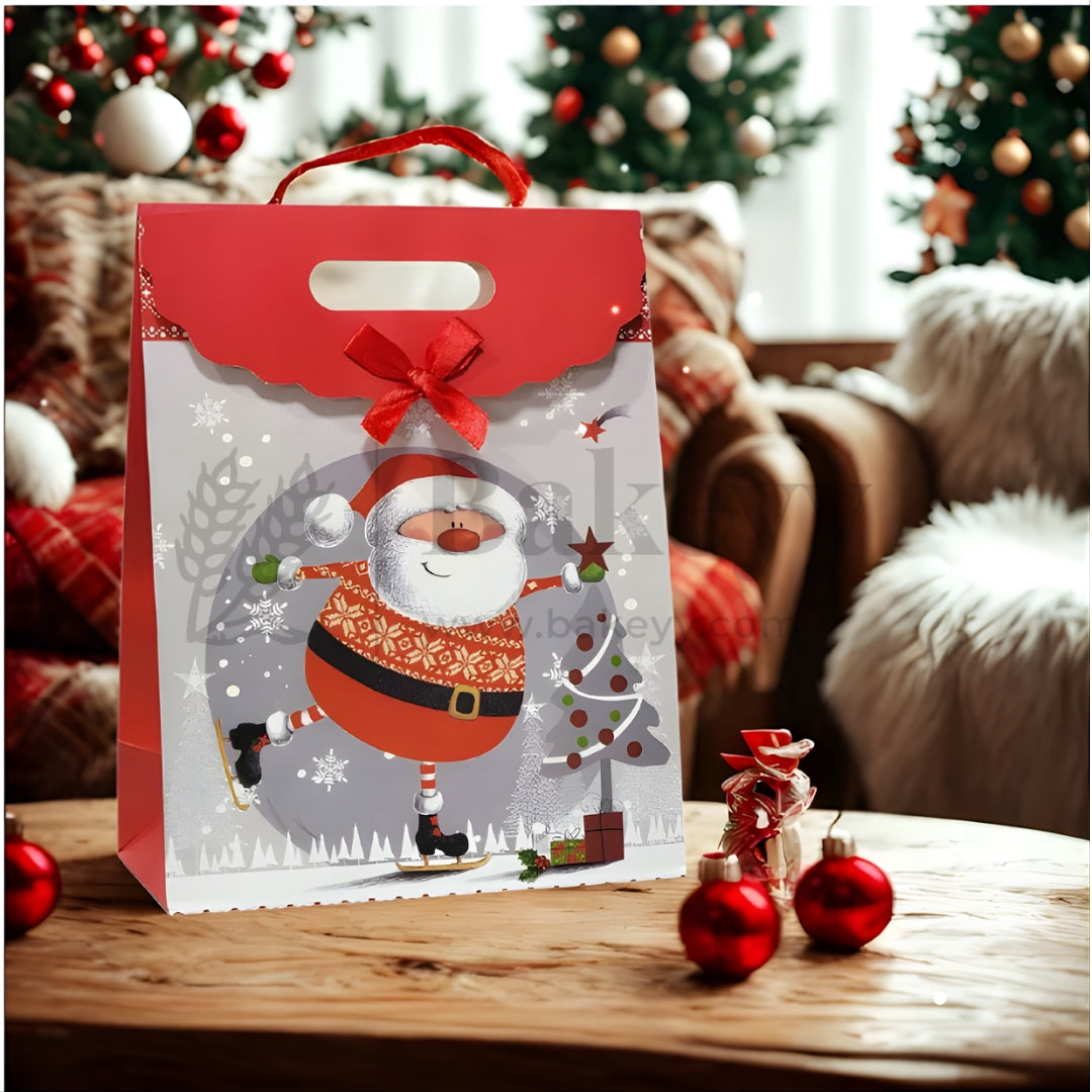 Christmas gift bag with Santa Claus design on a festive background
