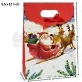 Christmas-themed gift bag with Santa Claus and reindeer design, featuring a red bow on top.