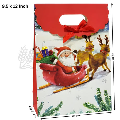 Christmas-themed gift bag with Santa Claus and reindeer design, featuring a red bow on top.