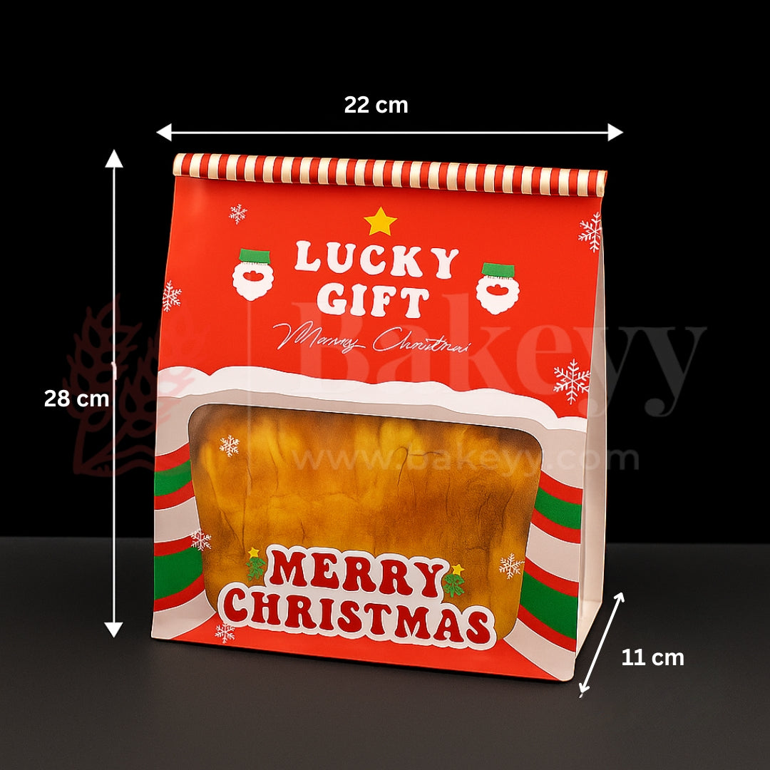 Christmas-themed gift bag with dimensions on a black background