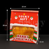 Christmas-themed gift bag with dimensions on a black background