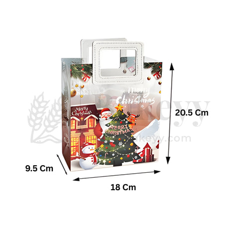 Christmas-themed gift bag with dimensions indicated