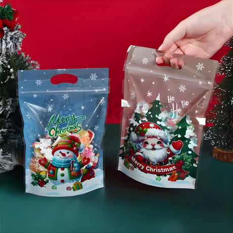 Two Christmas-themed packaging bags with Santa Claus and snowman designs on a red and green background.