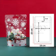 Christmas-themed stand-up pouch with snowflakes and a snowman design, next to its dimensions on a red and blue gradient background.