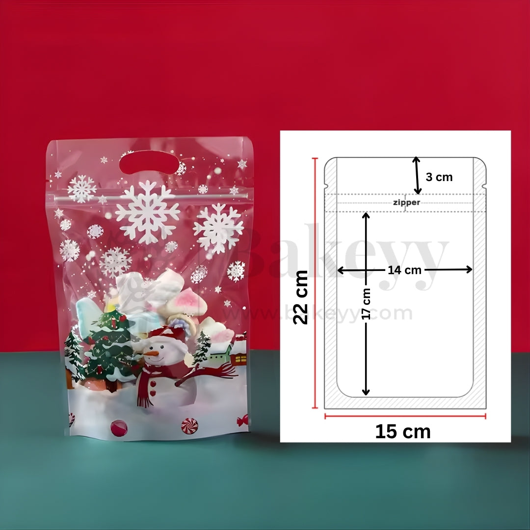 Christmas-themed stand-up pouch with snowflakes and a snowman design, next to its dimensions on a red and blue gradient background.