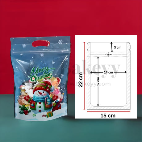 Christmas-themed packaging bag with a snowman design and measurements on a red background