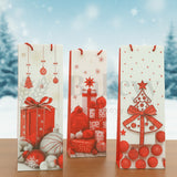 Three Christmas-themed gift bags with red and white designs on a snowy background.