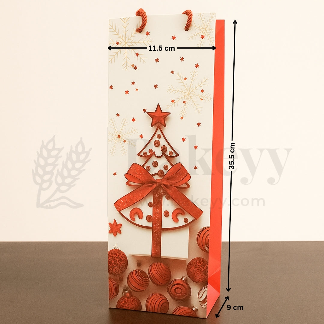 Gift bag with Christmas tree design and measurements on a white background