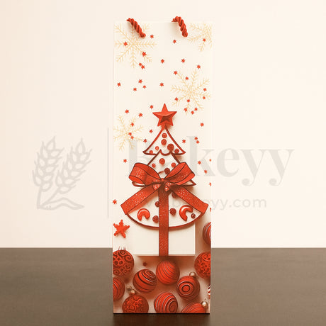 Decorative Christmas-themed gift bag with red tree design on a beige background