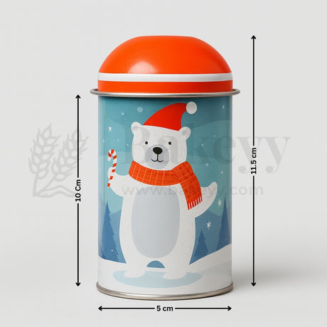 Tin can with a polar bear design, red lid, and measurements on a white background