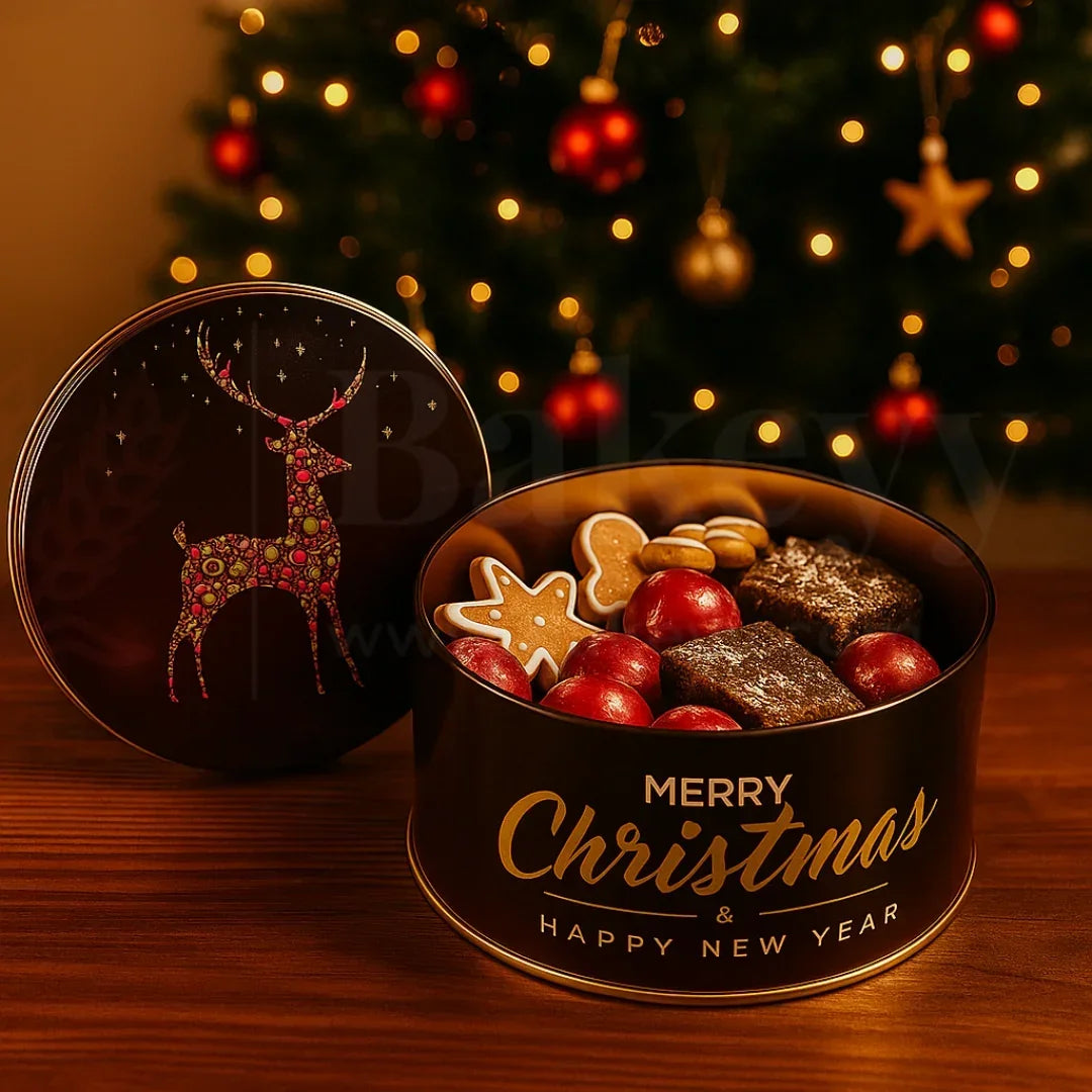 Christmas Assorted Prints Dream Cake Tin Box - Bakeyy.com - India - Christmas Assorted Prints Dream Cake Tin Box - Blue / 500 gm | Pack of 6 480.00
