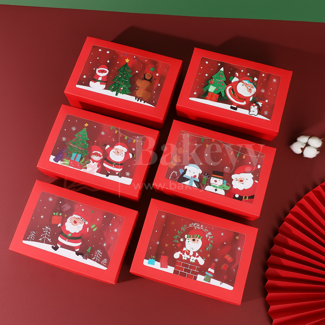 Set of red Christmas-themed gift boxes on a red background