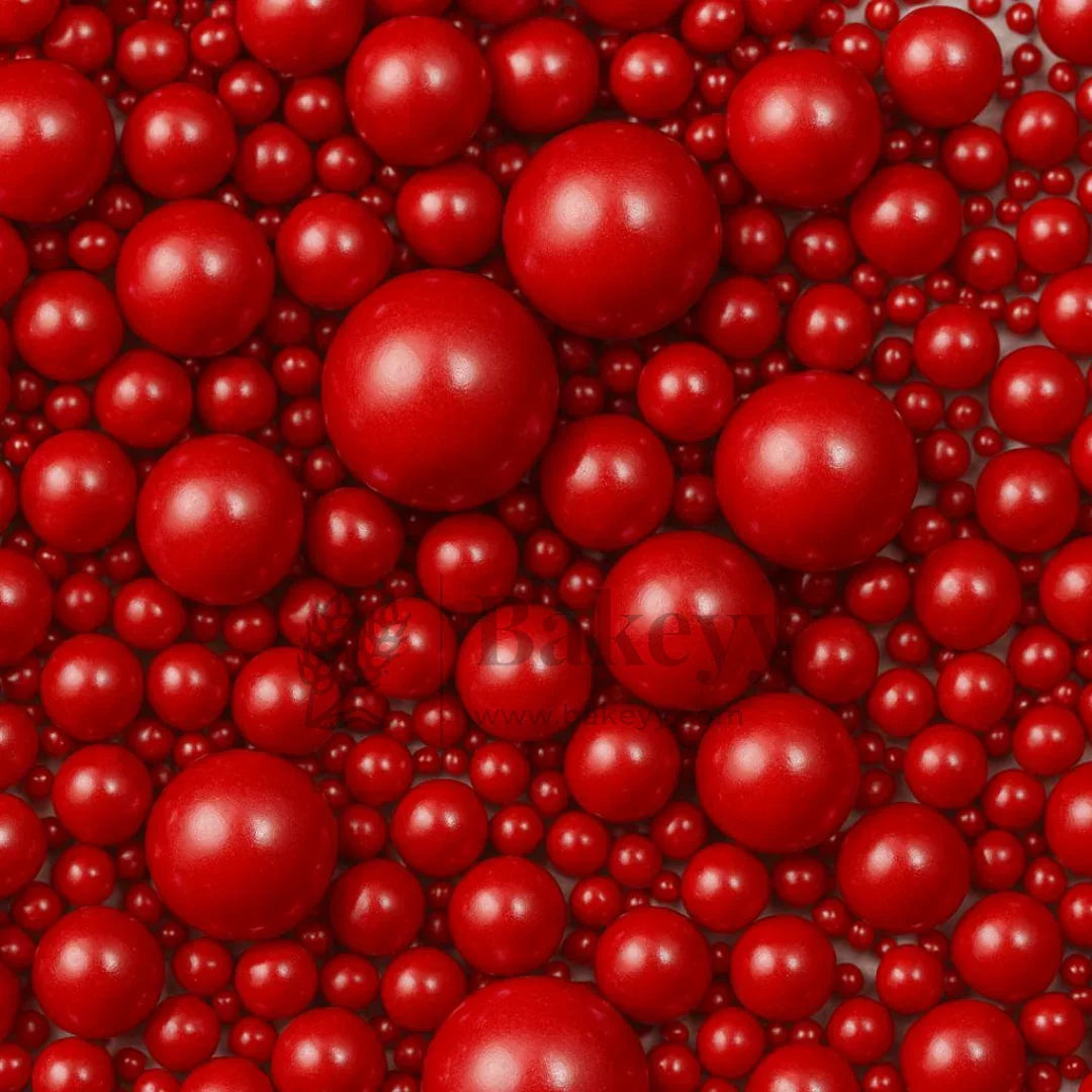 Edible Sugar Pearls - 7 Sizes Mix | Edible Cake & Dessert Decorations | Metallic Finish | 200 gm - Bakeyy.com - India - Edible Sugar Pearls - 7 Sizes Mix | Edible Cake & Dessert Decorations | Metallic Finish | 200 gm - Red