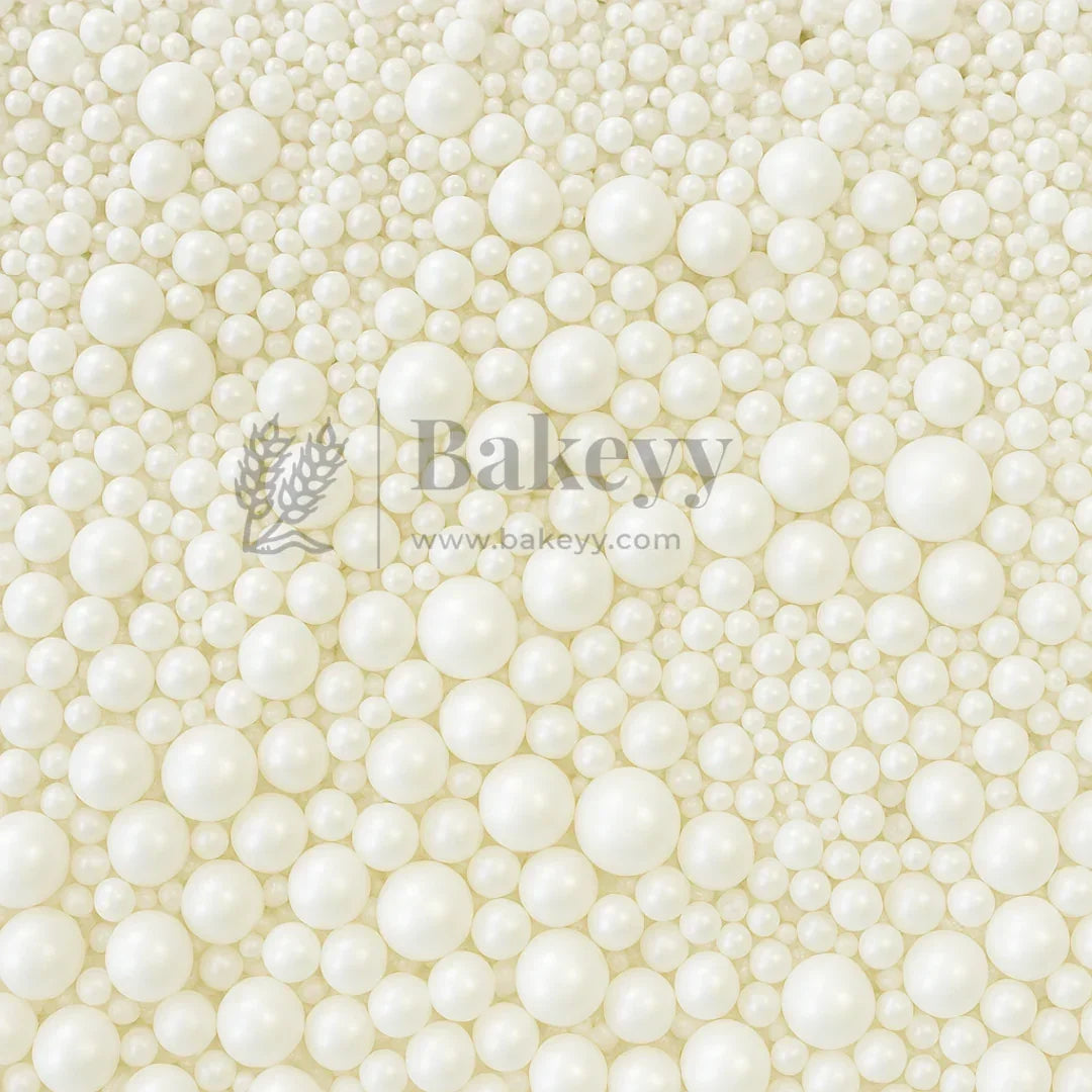 Edible Sugar Pearls - 7 Sizes Mix | Edible Cake & Dessert Decorations | Metallic Finish | 200 gm - Bakeyy.com - India - Edible Sugar Pearls - 7 Sizes Mix | Edible Cake & Dessert Decorations | Metallic Finish | 200 gm - White