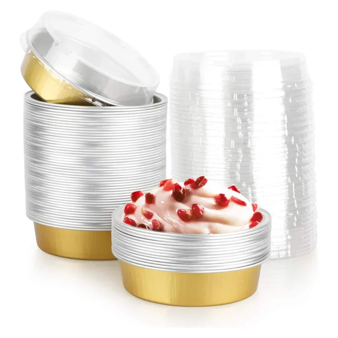 Aluminum Foil Baking Containers with Transparent Lid | Round Tins | Bake N Serve | Pack of 100 - Bakeyy.com - India - Aluminum Foil Baking Containers with Transparent Lid | Round Tins | Bake N Serve | Pack of 100 - Gold / 250 ml