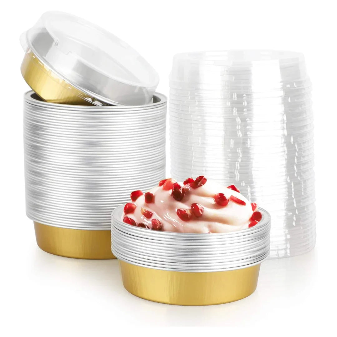 Aluminum Foil Baking Containers with Transparent Lid | Round Tins | Bake N Serve | Pack of 100
