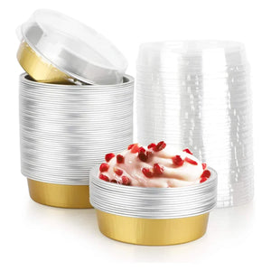 Aluminum Foil Baking Containers with Transparent Lid | Round Tins | Bake N Serve | Pack of 100 - Bakeyy.com - India - Aluminum Foil Baking Containers with Transparent Lid | Round Tins | Bake N Serve | Pack of 100 - Gold / 250 ml