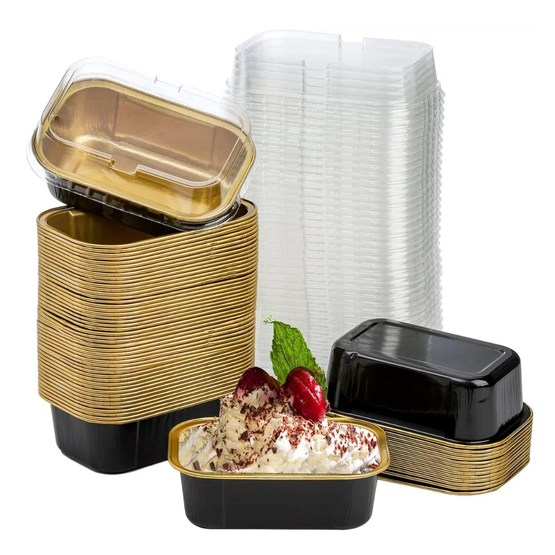 Aluminum Foil Baking Containers with Transparent Lid | Rectangle Tins | Bake N Serve | Pack of 100